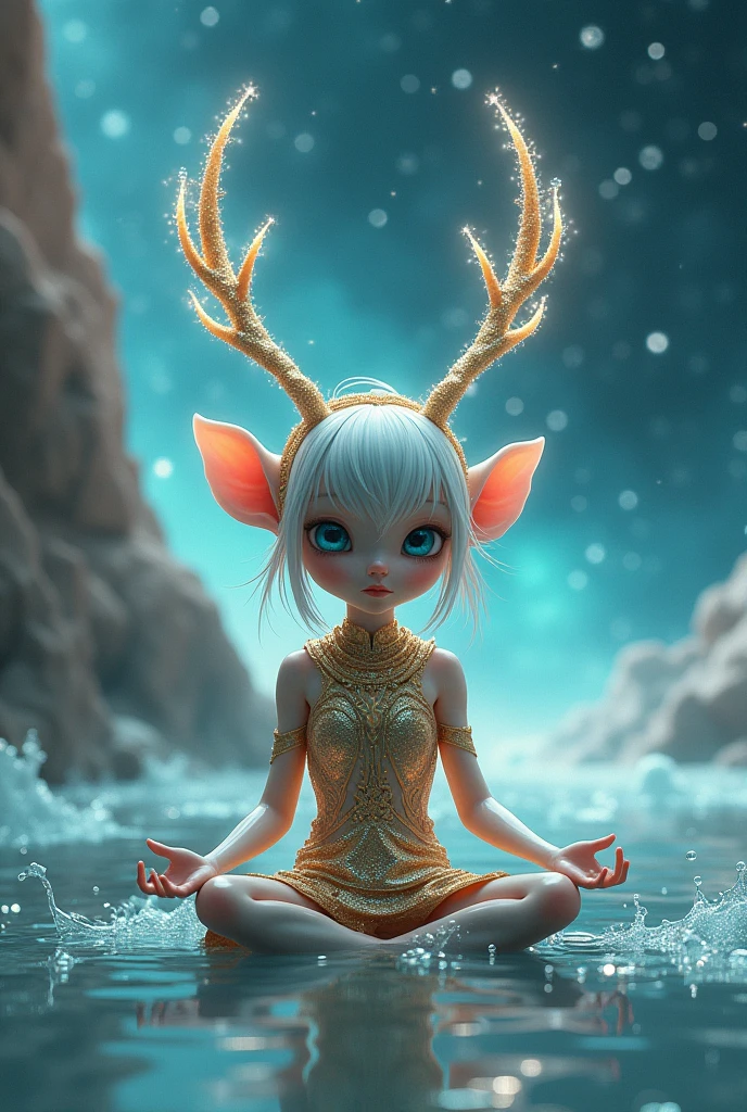 Space Boy,whole body, Almond eyes, blue, Falling hair. He is clothed in gold and silver,blue eyes, Deer ears are translucent and glowing spore Milky Way Fancher Filled with rainbow-colored translucent slime Extraterrestrial life forms amoeba,When the Jedi Knight sits in a meditation position, The ocean world unfolds before your eyes, Revealing the gentle rise and fall of alien tides. The soft glow of distant galaxies illuminates the atmosphere, Casts ethereal tones on the horizon