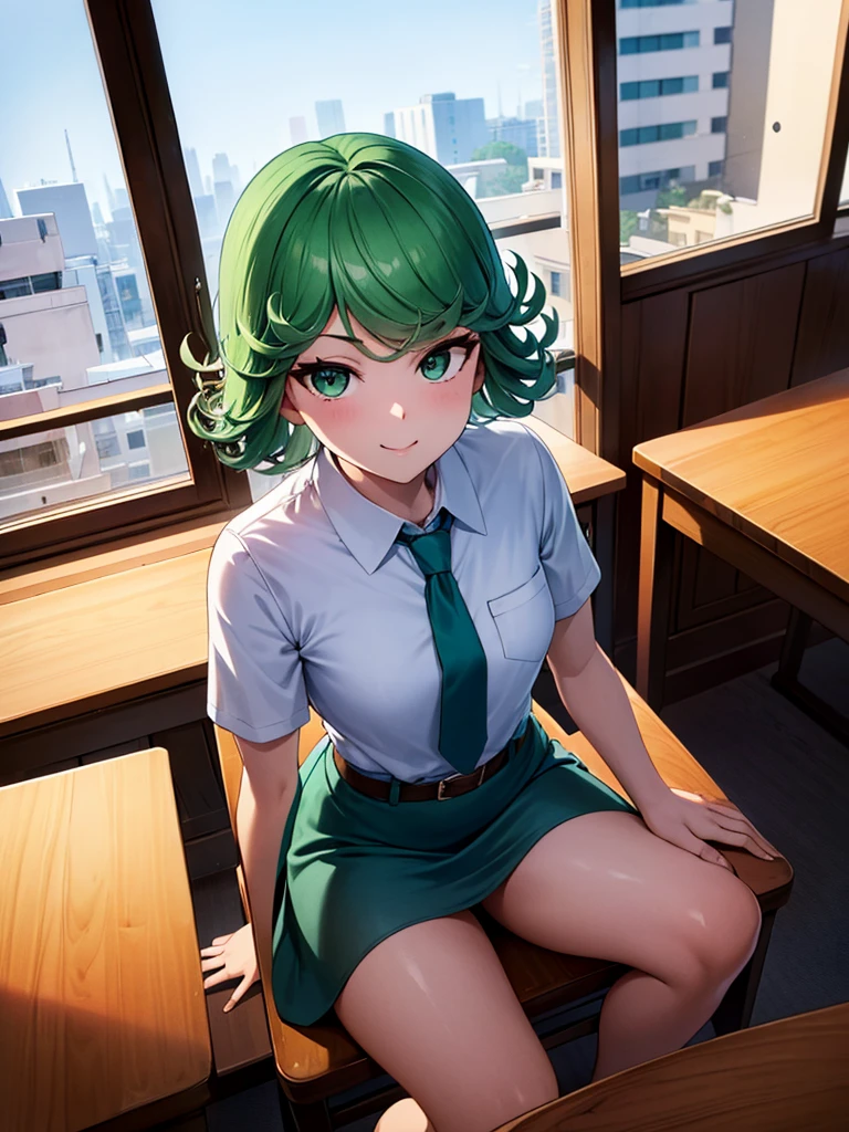 (high res, 8K, masterpiece, looking at viewer, best quality, very aesthetic, ultra detailed, ultra background, ultra Eyes) intricate details, 1girl, Tatsumaki, Chibi, short sleeved white shirt, Dark Blue short skirt, Pockets on the left chest, Dark Blue tie, Wearing a belt, Red Lips, green short hair, green eyes, Smile Face, Sit on the Chair, Background Windows, Clasroom, Cinematic Angle