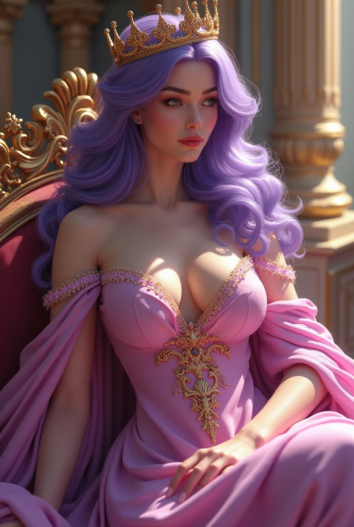 Majestic queen woman pink color sitting big breast purple hair with crown tender smiling