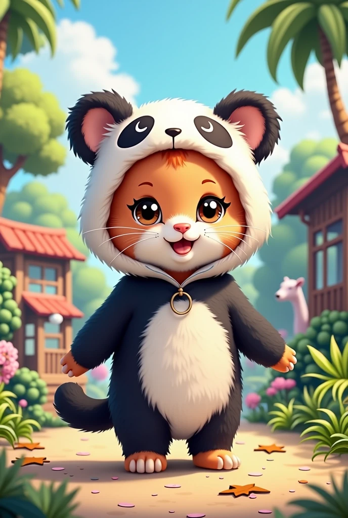 kitten cute Panda costume Zoo background Illustrated style
