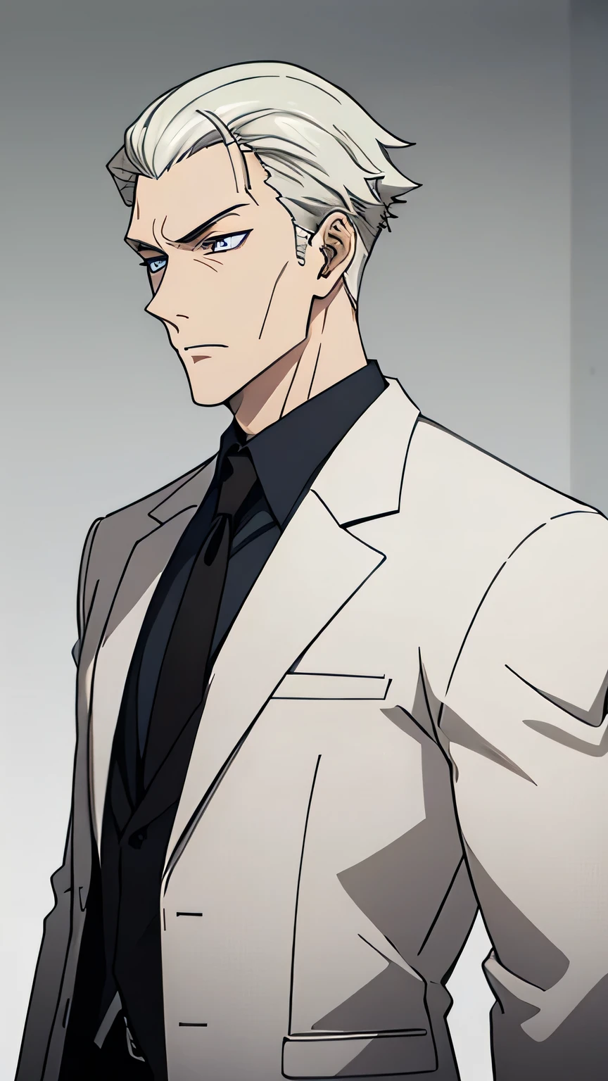 2 man, Indonesian, tall, stocky, white hair, white eyeballs, wearing a white shirt, wearing a black and white blazer, white tie, wearing white men's formal trousers, wearing a black robe, criminal, calm, high loyalty, height 195 cm, super villain, strong, very intelligent, villain, super villain, crew cut hairstyle, villain face, cool, sharp eyes