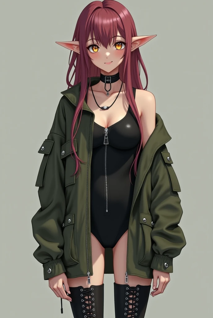 A girl with dark pink/ maroon hair, yellow eyes, fair skin, she is wearing a black body suit with a zipper in the front but an oversized army jacket over top, she also has black combat boots on. She also has natura pointy elf ears. She has a pleasant expression on her face. She is happy and calm. Her hair is very long.