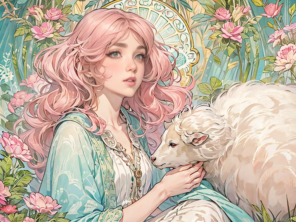 ((masterpiece)), (Highest quality), (Cinematic), Art Nouveau watercolor , Floral_background, Intricate designs and patterns in the style of Alphonse Mucha，\One Woman, Pink Hair, Long Hair, Cotton candy shaped hair, Fluffy hair, Thick eyebrows, Pink dress, Light blue cardigan, Sitting on a chair, Sheep next to\