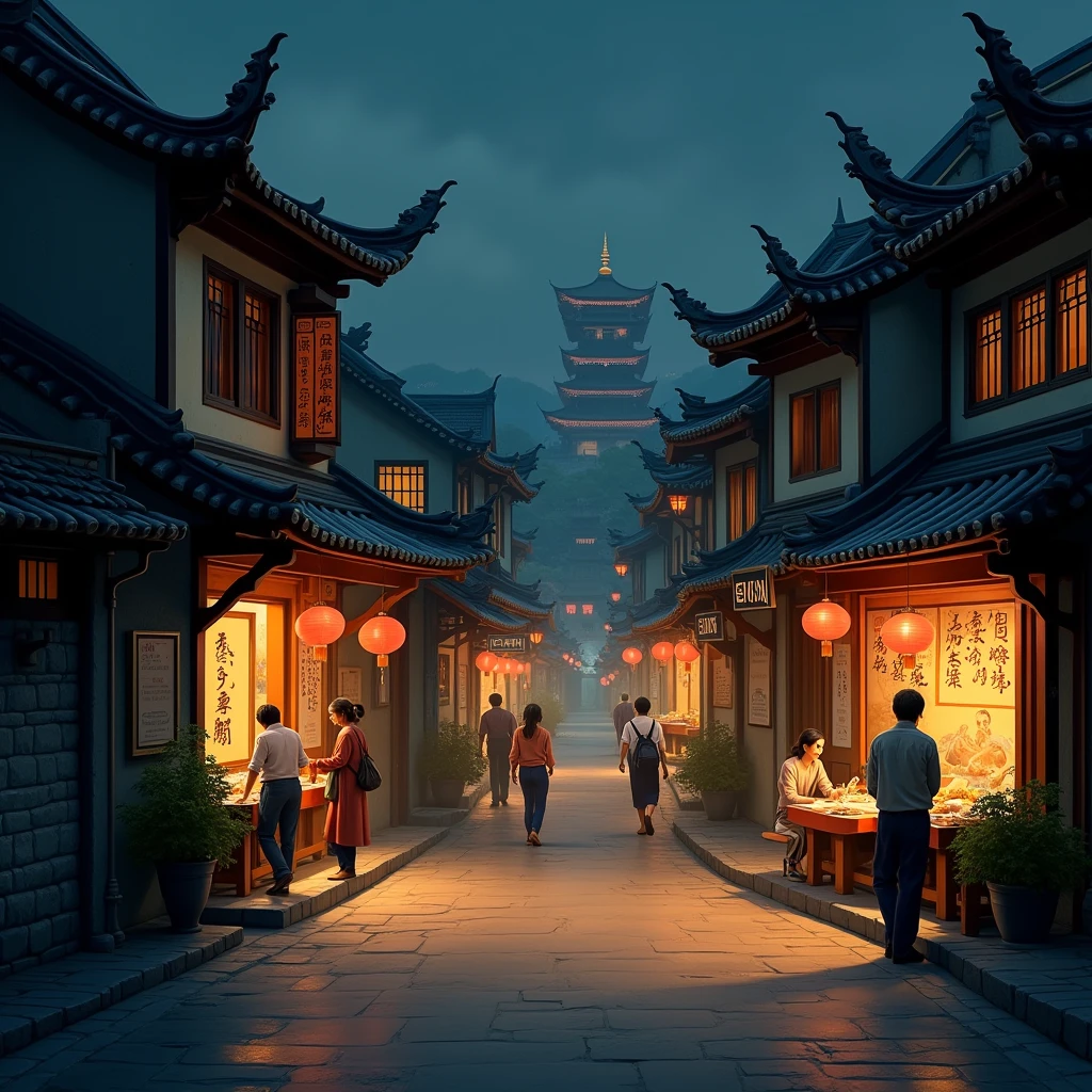Warm and cozy night in ancient Chinese streets