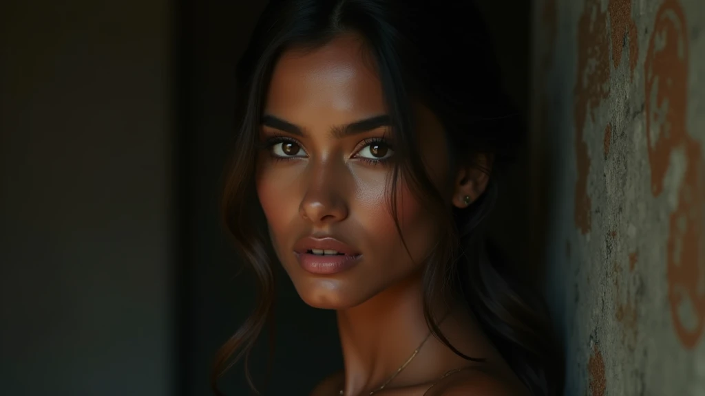 a beautiful mysterious Indian woman, Western fashion, intricate detailed face, piercing eyes, long eyelashes, delicate skin, natural beauty, flowing hair, candid elegant pose, dramatic lighting, cinematic mood, muted color palette, chiaroscuro lighting, high quality, photorealistic, 8k, intricate details, professional rendering