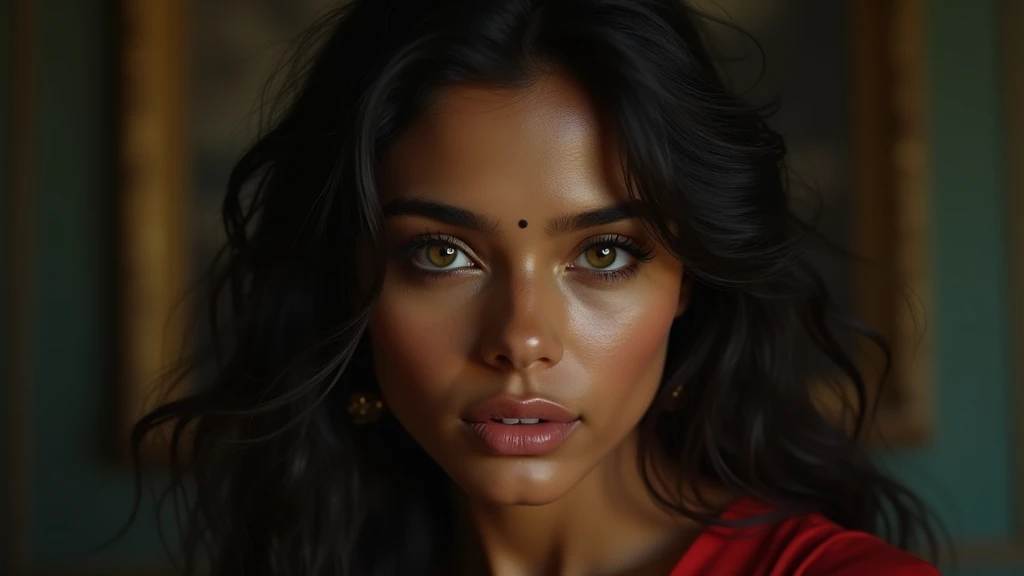 a beautiful mysterious Indian woman, Western fashion, intricate detailed face, piercing eyes, long eyelashes, delicate skin, natural beauty, flowing hair, candid elegant pose, dramatic lighting, cinematic mood, muted color palette, chiaroscuro lighting, high quality, photorealistic, 8k, intricate details, professional rendering
