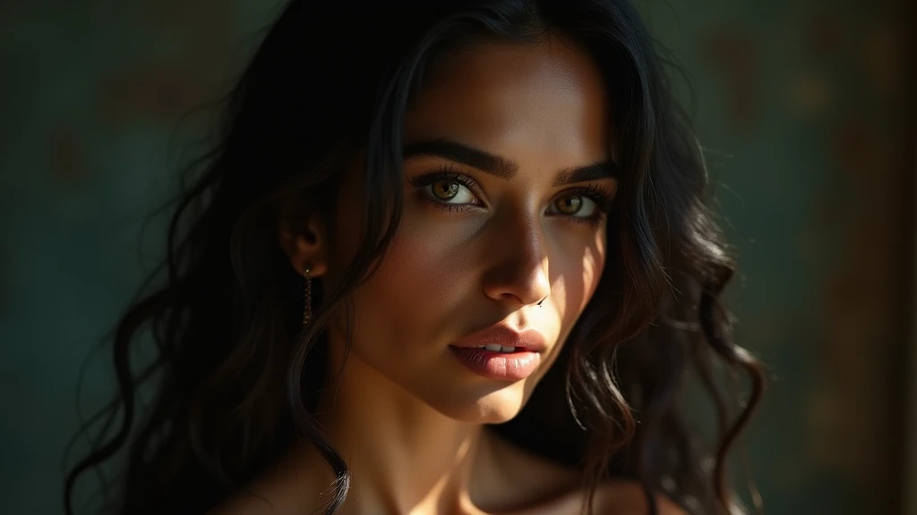 a beautiful mysterious Indian woman, Western fashion, intricate detailed face, piercing eyes, long eyelashes, delicate skin, natural beauty, flowing hair, candid elegant pose, dramatic lighting, cinematic mood, muted color palette, chiaroscuro lighting, high quality, photorealistic, 8k, intricate details, professional rendering