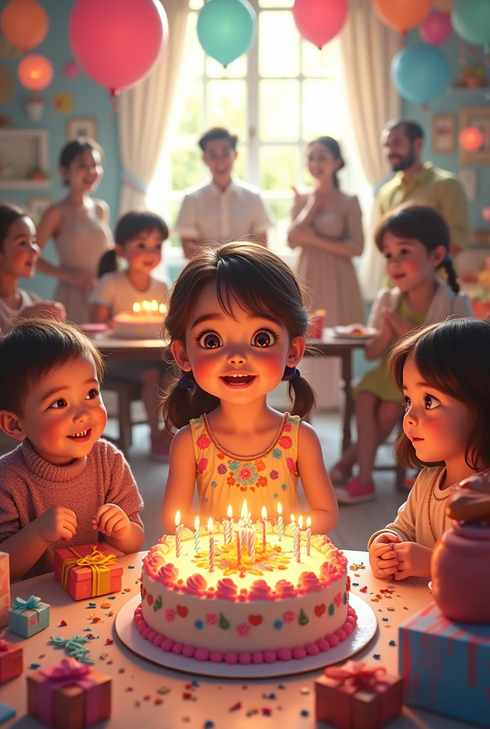 girl birthday party with lots of guest and gifts . With A big cake a real image not cartoon or animes
