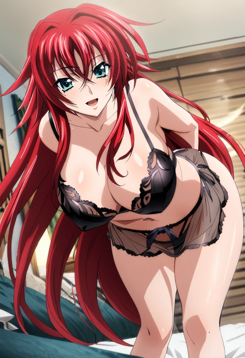 sysdeep_rias, best quality, masterpiece, ultra-detailed, high quality, highres, 1girl, pretty woman, red hair, long hair, beautiful, smile, open mouth, looking at viewer, (black lingerie), see through, large breasts, cleavage, large ass, curvy body, POV, close shot, from the front, full body, standing, in home, leaning forward