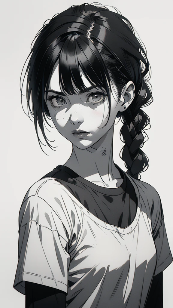 1 boyish girl, solo, sharp eyes, expressionless, monochrome, greyscale, short black hair, portrait, white T-shirt, closed mouth, (looking at viewer), graphite \(medium\), detailed lips, hatching \(texture\), without makeup, bangs, (full upper body and head), (best illustration), (best quality), (very detailed), (masterpiece), expressionless,