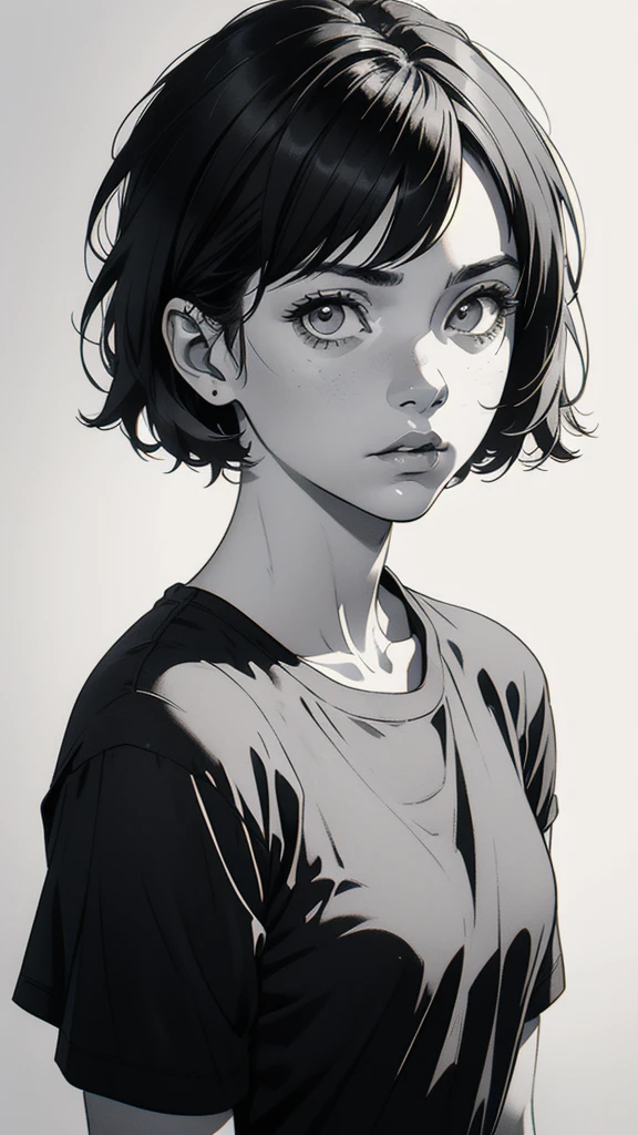 1 boyish girl, solo, sharp eyes, monochrome, greyscale, short black hair, portrait, white T-shirt, closed mouth, looking at viewer, graphite \(medium\), detailed lips, hatching \(texture\), without makeup, bangs, upper body, (best illustration), (best quality), (very detailed), (masterpiece), expressionless,