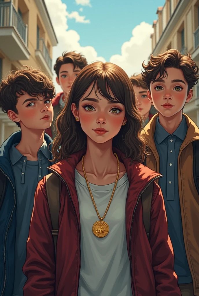 J'ai besoin d'une couverture pour un livre, Un collier médaillons en or, 5 personne (3 fille,2 garçon ) un lycée, la porteuse du médaillon a les cheveux bouclé
