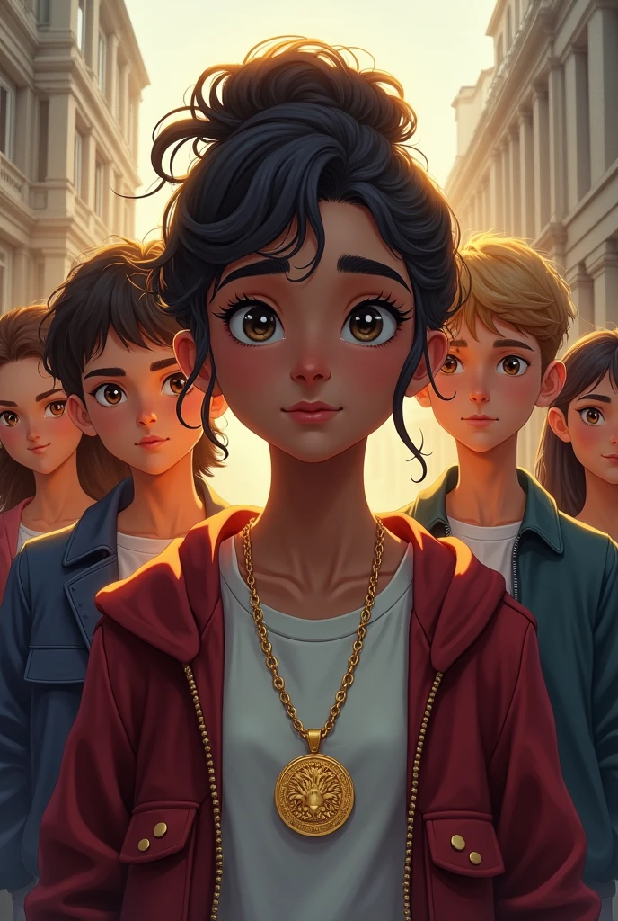 J'ai besoin d'une couverture pour un livre, Un collier médaillons en or, 5 personne (3 fille,2 garçon ) un lycée, la porteuse du médaillon a les cheveux bouclé
