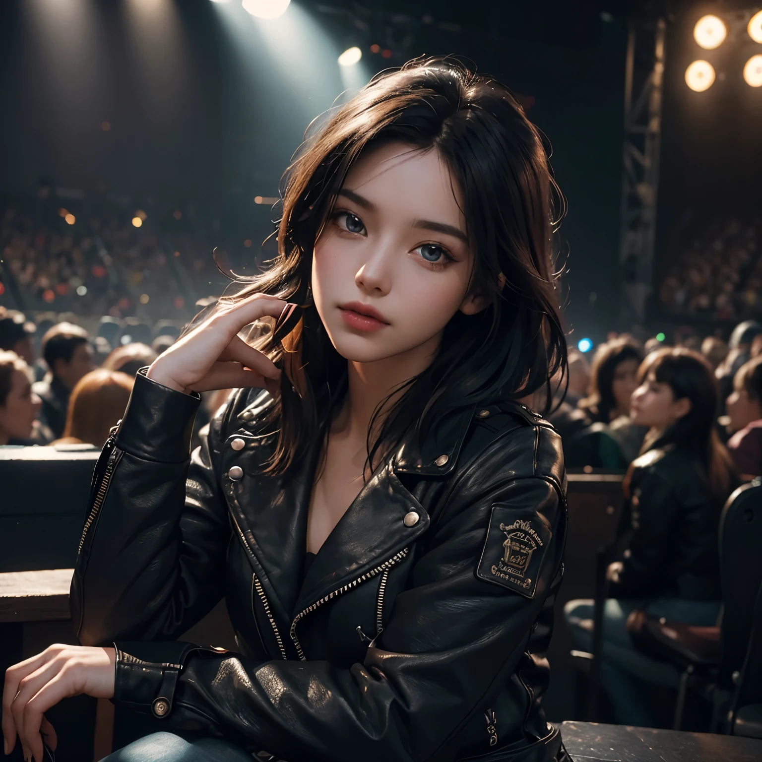 A beautiful detailed rocker girl at a rock concert, watching in the crowd 1girl, full body portrait, detailed facial features, extremely detailed eyes and face, beautiful long eyelashes, detailed lips, detailed nose, expressive face, leather jacket, ripped jeans, , colorful stage lights, dramatic lighting, neon lights, cinematic, vibrant colors, photorealistic, hyperrealistic, 8K, best quality, masterpiece, high resolution, ultra-detailed, professionally edited