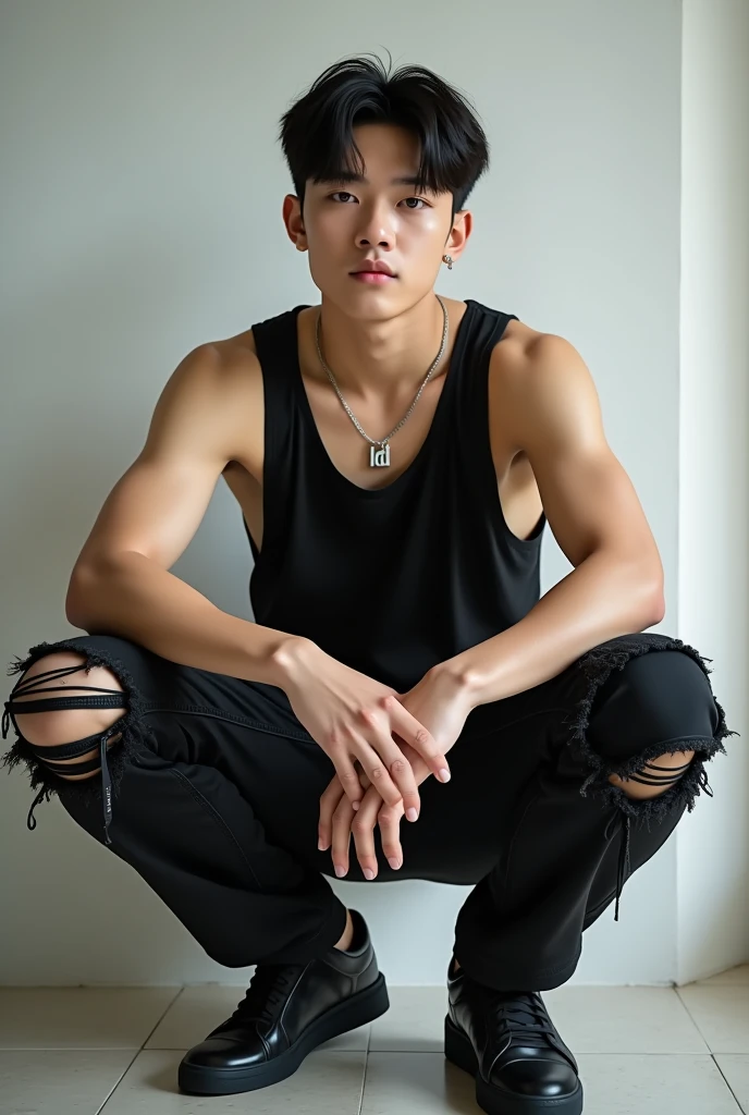 A handsome young man South Korea , Body clean and white,wearing bright black tanktop, wearing A small silver necklace with the logo"LD", slightly Torn black jeans,black hair K-Pop style, black sports shoes, slightly chubby, handsome,squatting, krim modern interior background