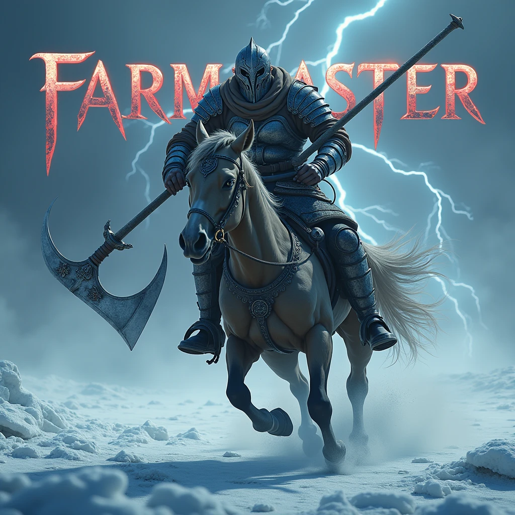 A realistic photograph of a male warrior, wearing iron and cloth armor and an intimidating helmet. He grabs a scythe like weapon with determination, he charges on the ice with his horse, as vibrant lightning flashes around him, enhancing his fierce pose. The name “FarmMasteR” is displayed prominently in gothic letters behind him, illuminated by the glow of the moon.