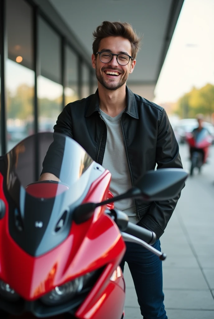 photo of a happy consumer after receiving a new Honda brand motorbike