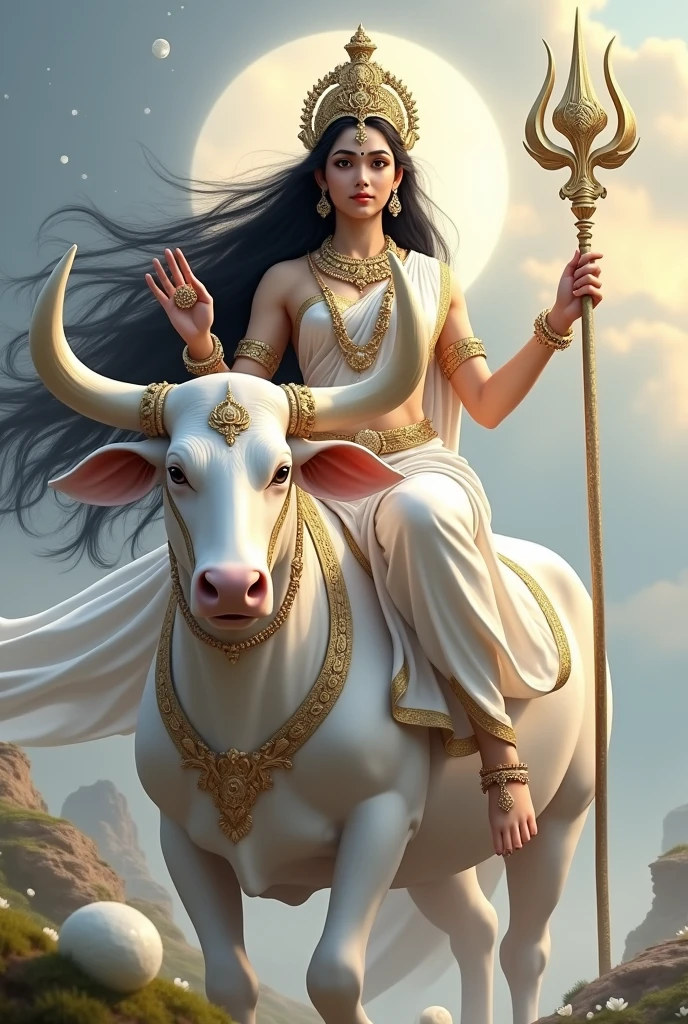 "Create an ultra-realistic image of the beautiful Goddess Mahagauri, daughter of Lord Himalaya, depicted in a pure white saree with a matching blouse. The saree should be elegant, should be intricately designed with delicate gold patterns that highlight her divine status and connection to the mountains. symbolizing her purity and divine nature, with subtle, delicate patterns that enhance her celestial presence. Her skin should be extremely fair, glowing with a soft, ethereal light that reflects her name, Mahagauri, meaning 'extremely fair.' Her face should be serene and exquisitely beautiful, with large, expressive eyes that radiate wisdom and compassion, and a gentle smile that conveys peace and grace, she has extremely very long hari, black floating hair, healthy hair.

She has only two hands. 
In her right hand, she holds a majestic trident.
In her left hand, she holds a two-headed drum.

She should be seated on an extremely large and powerful pure white bull, symbolizing her title as Vrisharudha (वृषारूढ़ा), the one who rides the bull. The bull should be depicted with a strong, muscular build and a calm, majestic demeanor, reflecting its strength and the divine presence of the goddess. The bull's pristine white color should complement the goddess's own pure, glowing complexion.

The background should be a serene, celestial landscape, with soft, glowing light and elements like a conch, the moon, and white Kunda flowers, symbolizing her fair complexion. The scene should convey a sense of peace, purity, and divine grace. The overall image should capture the essence of Goddess Mahagauri’s beauty, purity, and divine power, presented in a highly realistic and detailed manner, with her mount emphasizing her strength and protective nature."