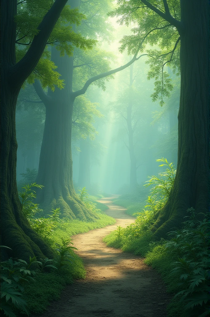 Dreamy Forest Path: A winding path through a misty forest with soft, diffused light filtering through the trees. The scene is tranquil and enchanting.