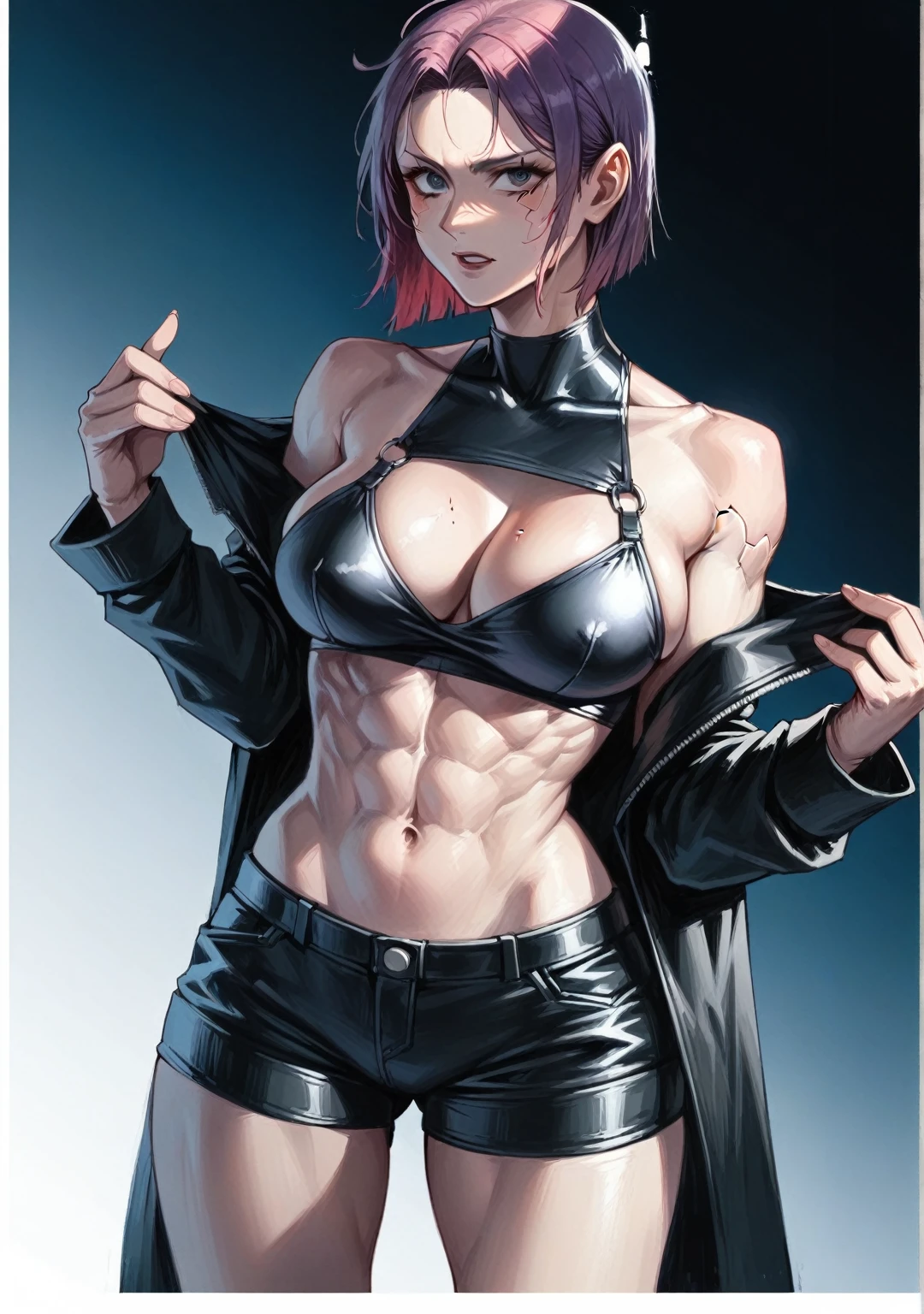 a close up of a woman in a black leather outfit, muscular! cyberpunk, female cyberpunk anime girl, oppai cyberpunk, aeon flux style, character from king of fighters, style mix of æon flux, perfect anime cyborg woman, female protagonist 👀 :8, anime girl, yoshitaka amano, style 