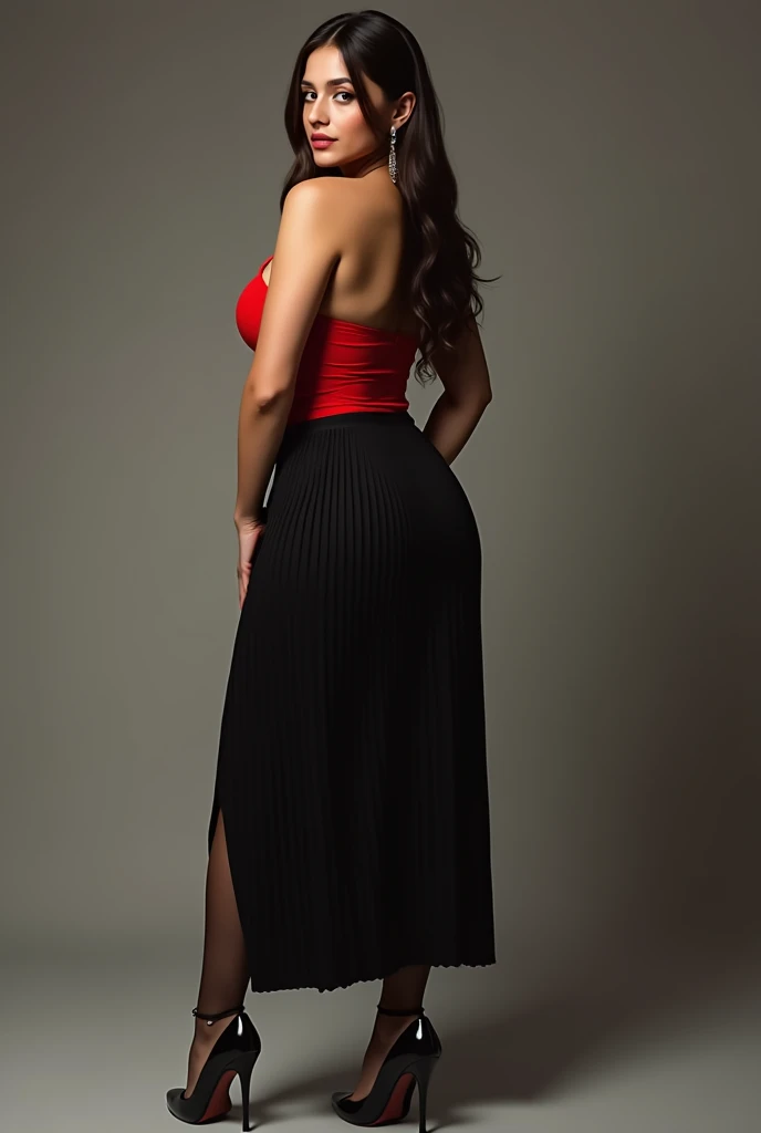 Arab woman straight brown hair combed to the side with big breasts and ass, very sexy wearing a low-cut red strapless top with black pantyhose and black pleated skirt and high heels, full body photo from the back