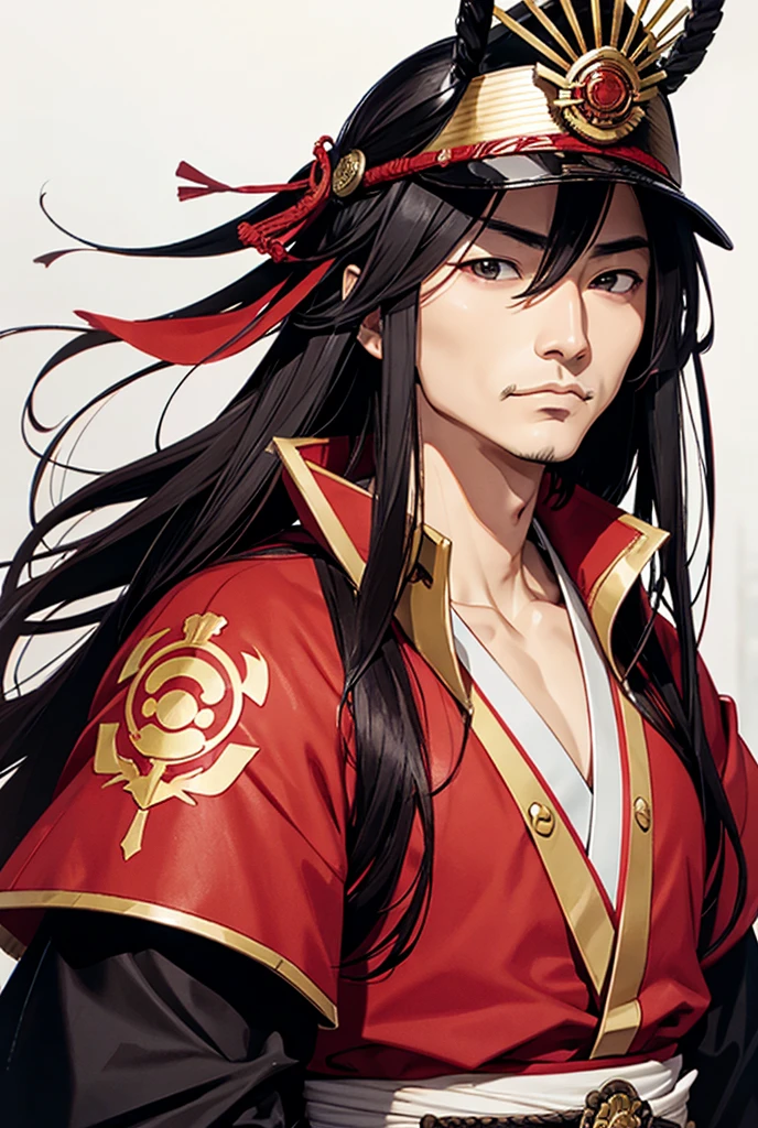 Male with black long black hair, red eyes, wearing traditional clothes, handsome, thogh, muscular