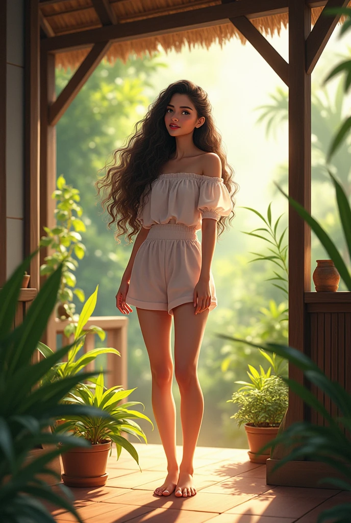 Sri Lankan sinhala style, rural woman, standing on garden, wearing loose off-shoulder top, pajama short, long curly hair, indoors and outdoor mix, soft lighting, plants in background, sky with sunlight, cozy Waranda, realistic, intricate details, warm colors, anime style
