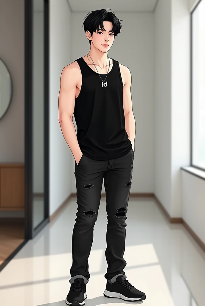 A handsome young man South Korea , Body clean and white,wearing bright black tanktop, wearing A small silver necklace with the logo"LD", slightly Torn black jeans,black hair K-Pop style, black sports shoes, slightly chubby, handsome, krim modern interior background