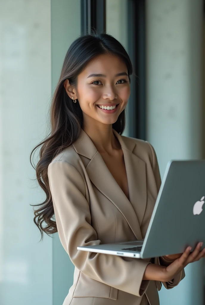 Create an image of an 1 Asian businesswoman standing and working on a MacBook. She is smiling with a cute and charming face. The image is full-body, with a slightly revealing outfit, showcasing a youthful and modern appearance.