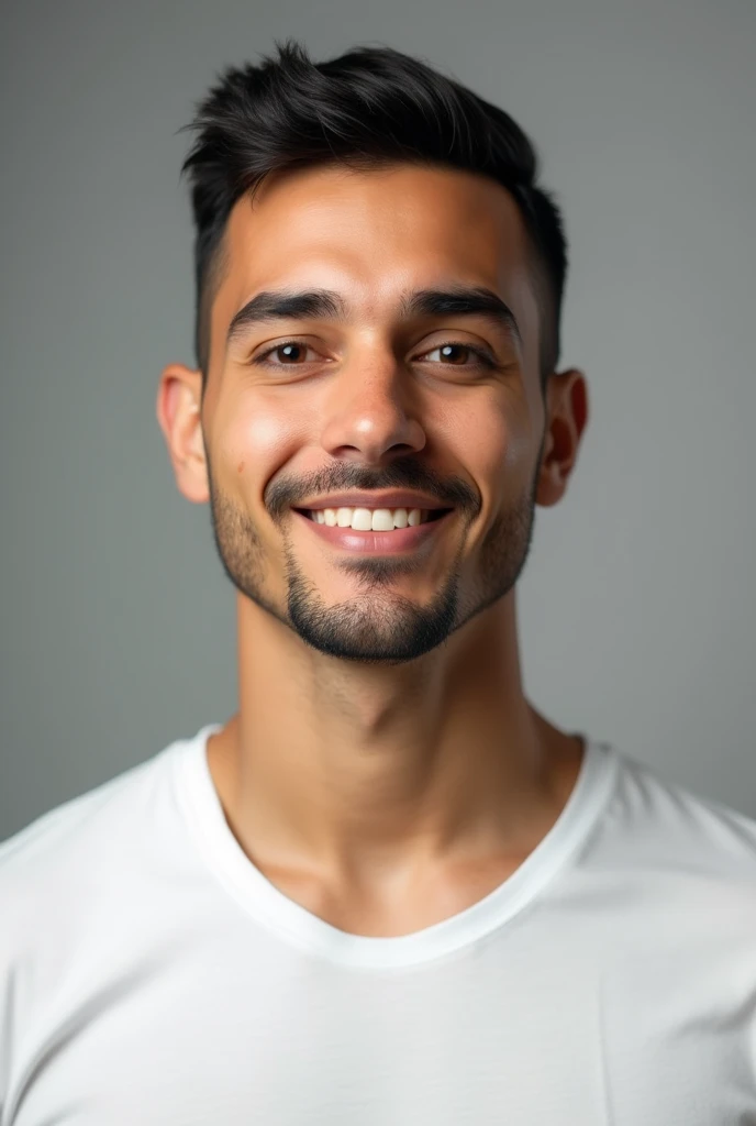 ((Hispanic man)), (Photo: 1.3) from (Photorealism: 1.3), frontal Close-up, soft light, clear face, business, warm light, white t-shirt, (gray and white background), (blank background), (gray wall background) avatar, (short hair), short hair, ((man)), (Closeup)