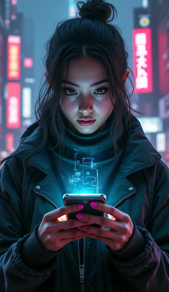 ((Beautiful girl holding a mobile phone in her hand)) 4K 8K:: Realistic::4. Cyberpunk::1 --v 4 --Quality 2