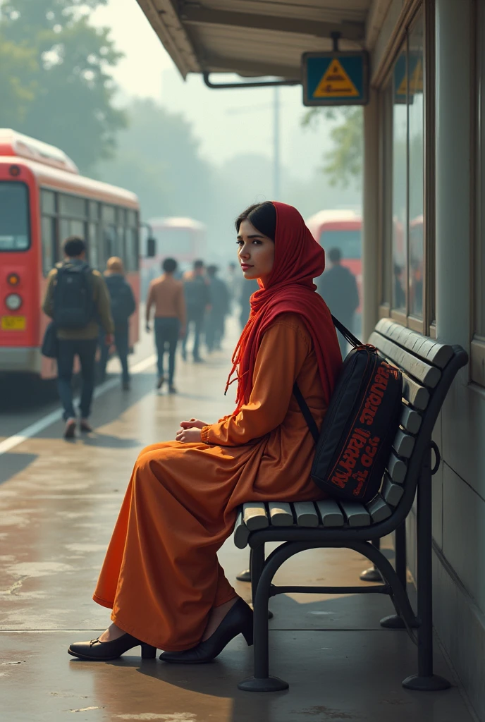 In pakistan A girl with her college bag and in her uneversity uniform suit salwar sitting on a bench at bus station waiting for the bus her name mehmal written on her bag like a tattoo