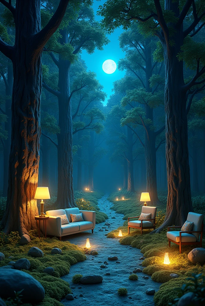 A photorealistic scene of an ordinary room gradually transforming into an alien forest. The walls morph into giant trees with glowing bark, and the ceiling turns into a night sky with twin moons shining overhead. The floor changes into a carpet of glowing moss, casting a soft, ethereal light. Everyday objects like lamps and chairs are slowly transforming into exotic bioluminescent plants, their soft light blending with the surroundings. The scene captures the magical transition from a mundane human space into a surreal, otherworldly environment, where the familiar is seamlessly integrated with the alien.