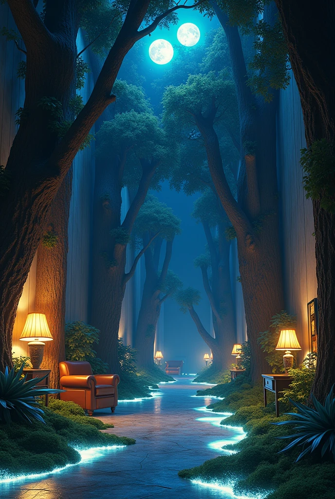 A photorealistic scene of an ordinary room gradually transforming into an alien forest. The walls morph into giant trees with glowing bark, and the ceiling turns into a night sky with twin moons shining overhead. The floor changes into a carpet of glowing moss, casting a soft, ethereal light. Everyday objects like lamps and chairs are slowly transforming into exotic bioluminescent plants, their soft light blending with the surroundings. The scene captures the magical transition from a mundane human space into a surreal, otherworldly environment, where the familiar is seamlessly integrated with the alien.