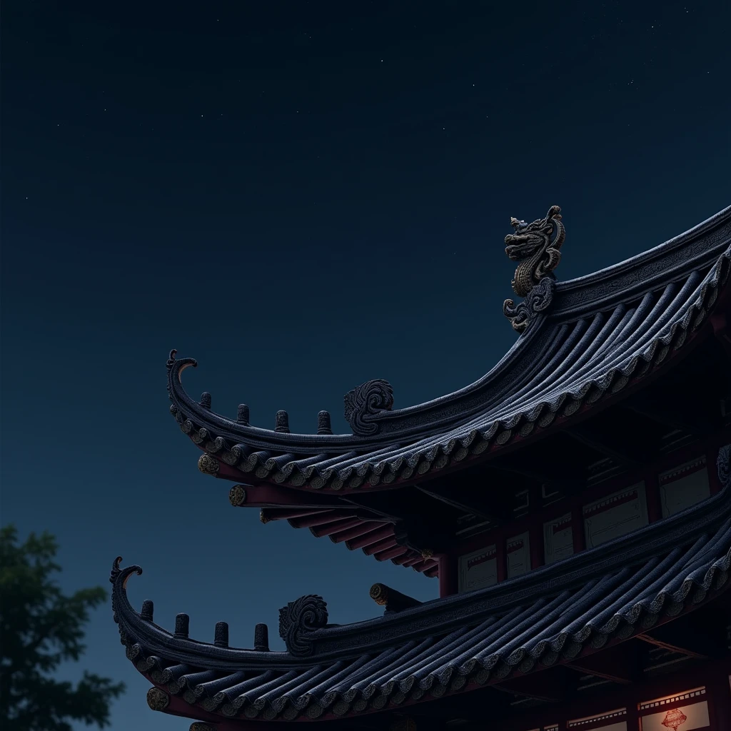 Ancient Chinese roof close-up at night