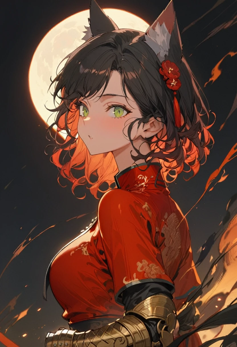 1 girl, wolf cut,medium hair, curly hair, swept bangs,([black hair):(red hair):0.3],green eyes,red china costume, midnight, moonrising , gauntlet,from side, masterpiece,best quality, ultra details 
