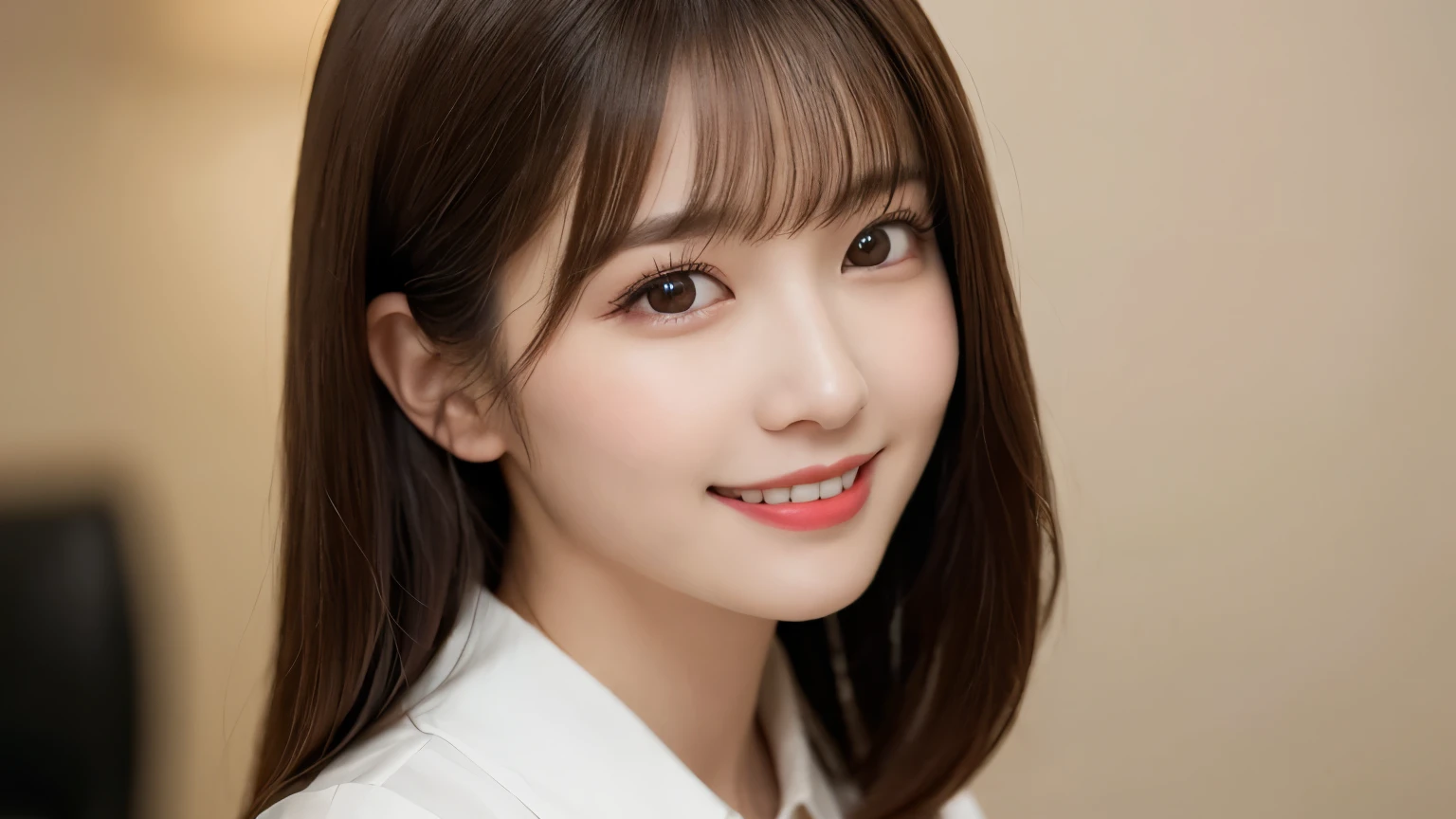 (Full Body Shot), (profile), 1girl, Very detailed, Are you okay, High resolution, 8k wallpaper, Perfect dynamic composition, Small breasts, Natural color lips, Elegant smile, Japanese women, Female in her early 20s, Beautiful and elegant face, Perfect and beautiful face, beautiful and Are you okay eyes, Big eyes, Brunette's eyes, Beautiful and elegant face, Perfect and beautiful double eyelids, Natural Bangs, Beautiful thin nose, Beautiful Skin, chestnut brown hair, Medium Bob Hair, Natural Bangs, Perfect and beautiful face, Slim face and figure, (looking at the camera), Bright lighting, Professional Lighting, Forward lighting, Elegant smile, Blurry office background, suit, skirt, blouse, Heel