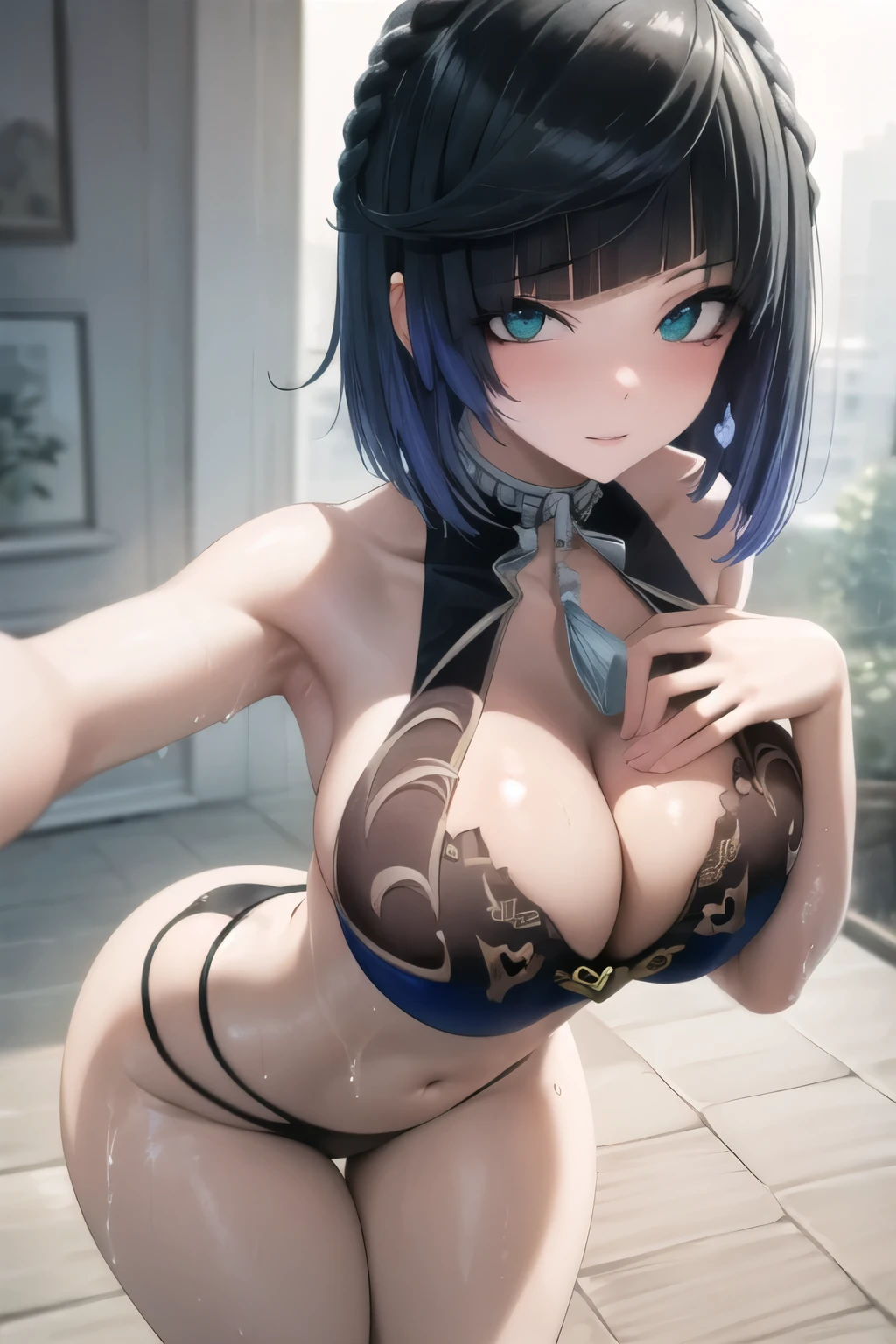 Short ponytail hairstyle , Blue high leg lace lingerie , nsfw , muscle , Squatting , selfie , extremely giant breasts