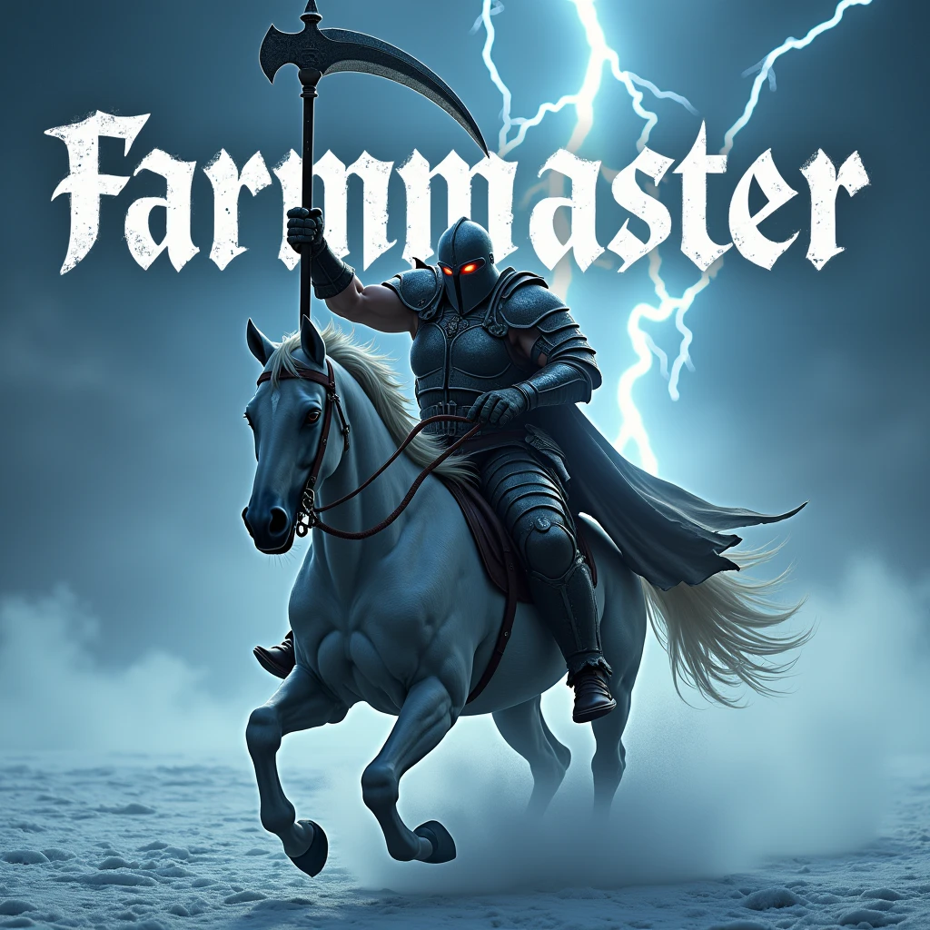 A realistic photograph of a male warrior, wearing iron and cloth armor and an intimidating helmet. He grabs a scythe like weapon with determination, he charges on the ice with his horse, as vibrant lightning flashes around him, enhancing his fierce pose. The name “FarmMasteR” is displayed prominently in gothic letters behind him, illuminated by the glow of the moon.
