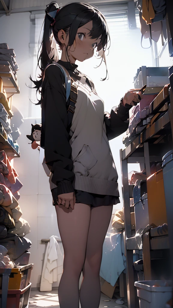 (8k, maximum quality, best quality, masterpiece, highly detailed: 1.2), 1girl, upper body, woman's appearance (EvelynNobodySD15), wearing boyfriend shirt and panties, (naked shirt, shirt puller), shy, half smile, noon, bottom