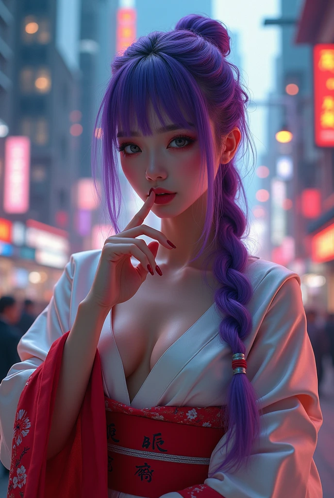 1girl, blunt bangs, braid, wide sleeves, hair ornament, japanese clothes, red obi, (purple hair:1.2), very long hair, straight hair, looking at viewer, highly detailed background, (photo realistic:1.2), detailed eyes, red eyeshadow, depth of field，thigh, (ulzzang-6500:0.7), upper body, (solo:1.2), (cyberpunk city:1.1), cleavage, (finger on lips:1.1),Shiny skin