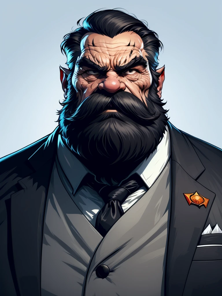 a portrait of an old man wearing a suit, upperbody, sitting in chair, white background, focus eyes, angry, (mwvector), vector, scar on face, thick mustache, long beard, 8k, high quality, photorealistic, detailed wrinkles, detailed facial features, detailed texture