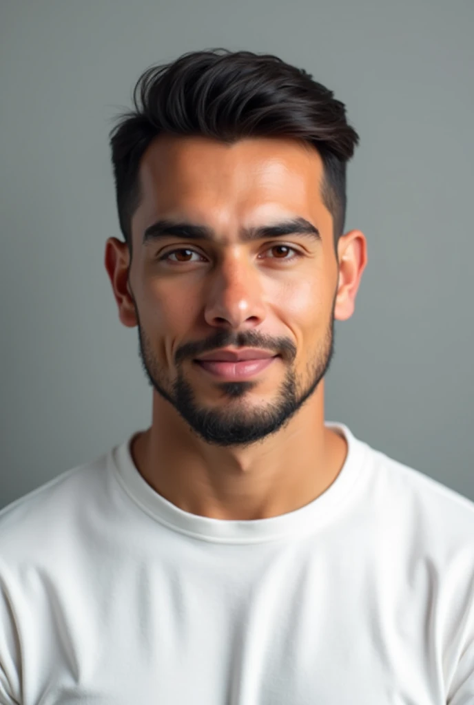 ((Hispanic man)), (Photo: 1.3) from (Photorealism: 1.3), frontal Close-up, soft light, clear face, business, warm light, white t-shirt, (gray and white background), (blank background), (gray wall background) avatar, (short hair), short hair, ((man)), (Closeup)