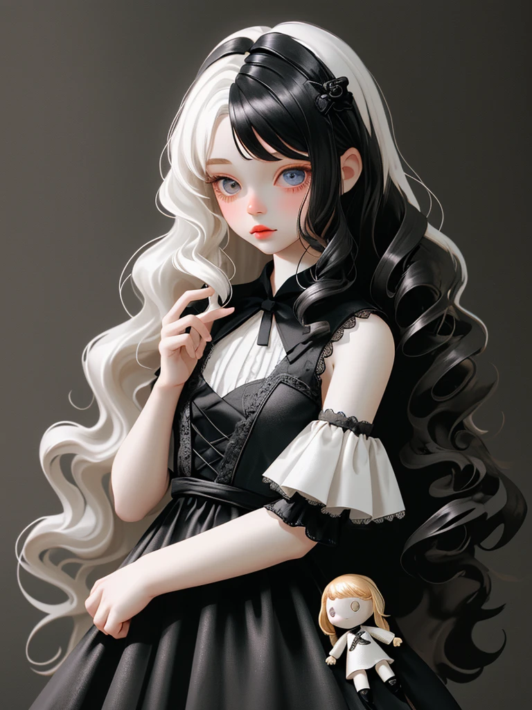 Blythe doll with long wavy hair Black and White Dress
