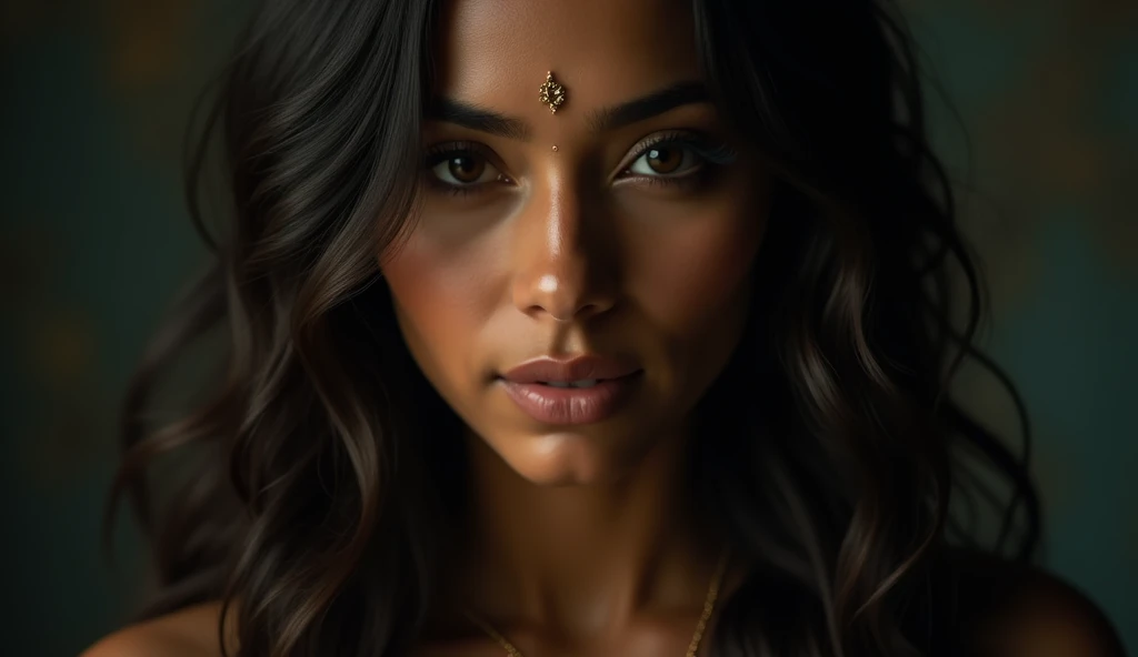 a beautiful mysterious Indian woman, Western fashion, intricate detailed face, piercing eyes, long eyelashes, delicate skin, natural beauty, flowing hair, candid elegant pose, dramatic lighting, cinematic mood, muted color palette, chiaroscuro lighting, high quality, photorealistic, 8k, intricate details, professional rendering