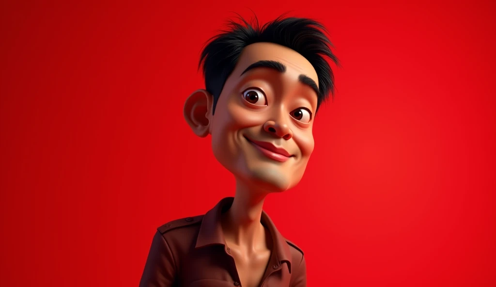 realistic 3d caricature. a 30 year old Indonesian. tall, slightly fat body, thin face shape, slightly slanted eyes, brown skin, black hair. Red background. Use soft photography lighting with hair lights, edge lights, and top lights. Photos with very high detail.