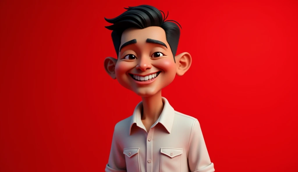 realistic 3d caricature. a 30 year old Indonesian. tall, slightly fat body, thin face shape, slightly slanted eyes, brown skin, black hair. Red background. Use soft photography lighting with hair lights, edge lights, and top lights. Photos with very high detail.