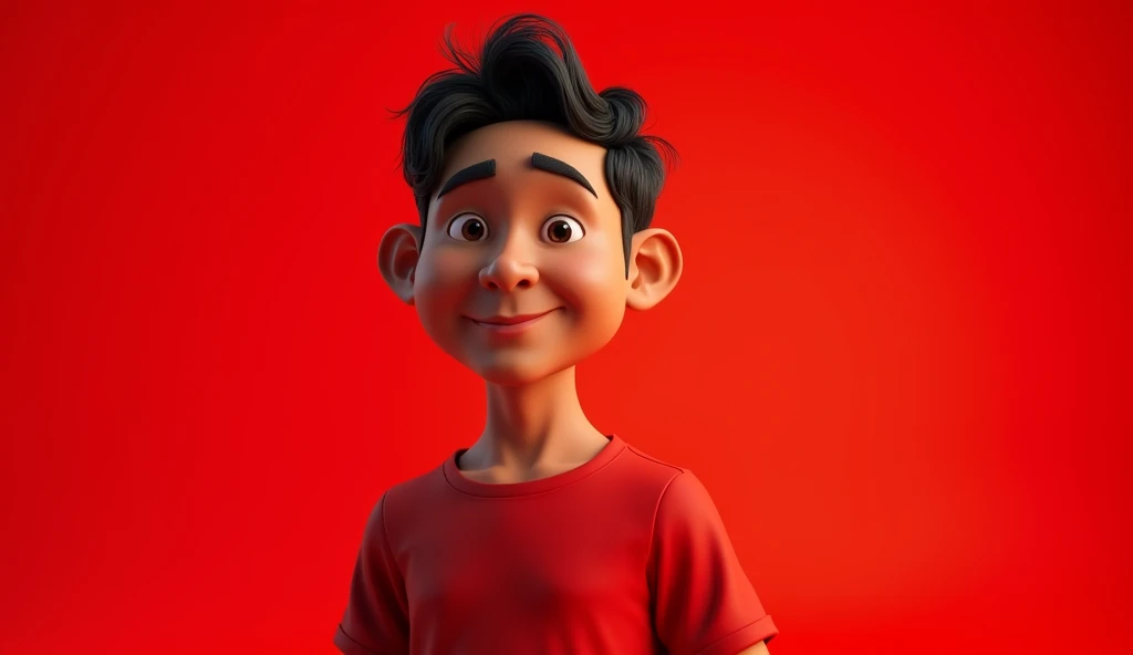realistic 3d caricature. a 30 year old Indonesian. tall, slightly fat body, thin face shape, slightly slanted eyes, brown skin, black hair. Red background. Use soft photography lighting with hair lights, edge lights, and top lights. Photos with very high detail.