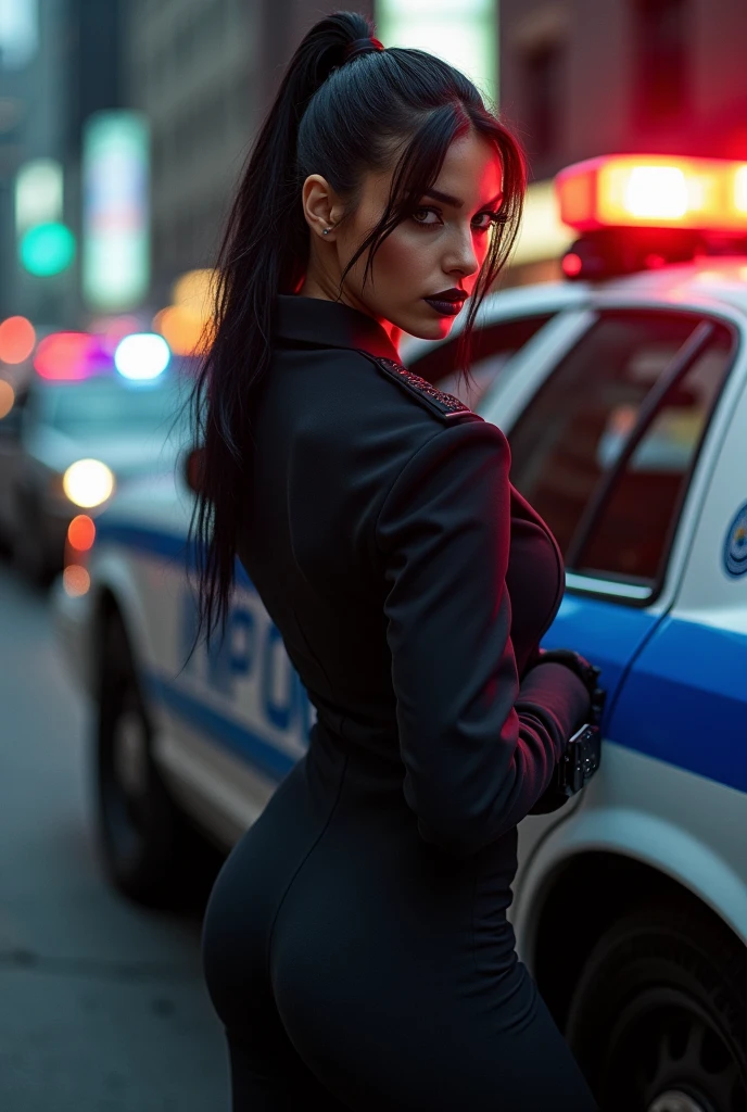 ultra realistic, photography, long black straight hair in a ponytail, elegant hair, (30 years old, hazel eyes, hourglass figure, perfect fit body), firtatious look, femme fatale, long eyelashes, cat-eye make-up, she is from the NYPD and is sitting on the hood of a NYPD car, at a crime scene, someone is running away, full body picture, wide angle, extreme wide angle