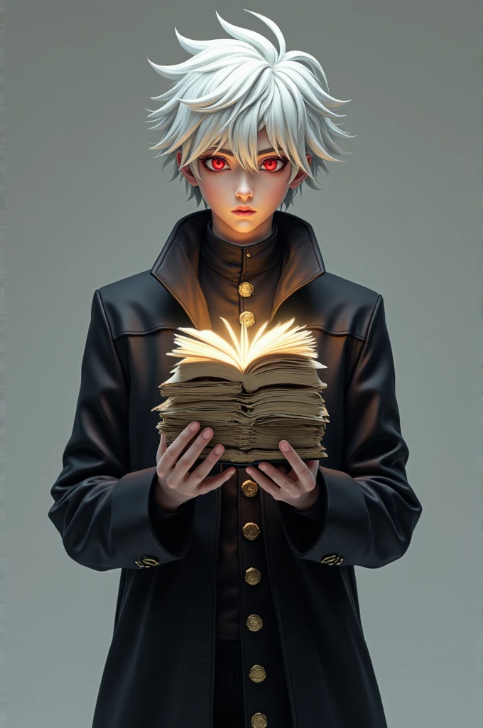 Young male teenager aged 17, White hair, Red eyes, black set like a long coat simulating holding a "grimorio", This grimoire would actually be a set of magical pages piled up simulating a grimoire without a cover or cover., Likewise the young man would be pretending to hold the "grimorio" floating